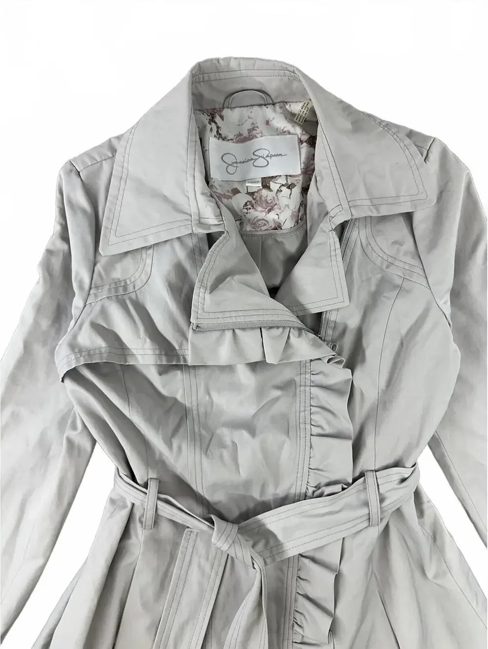 Jessica Simpson Light Beige/Grey Ruffle Trim Trench Coat - Picture 4 of 7